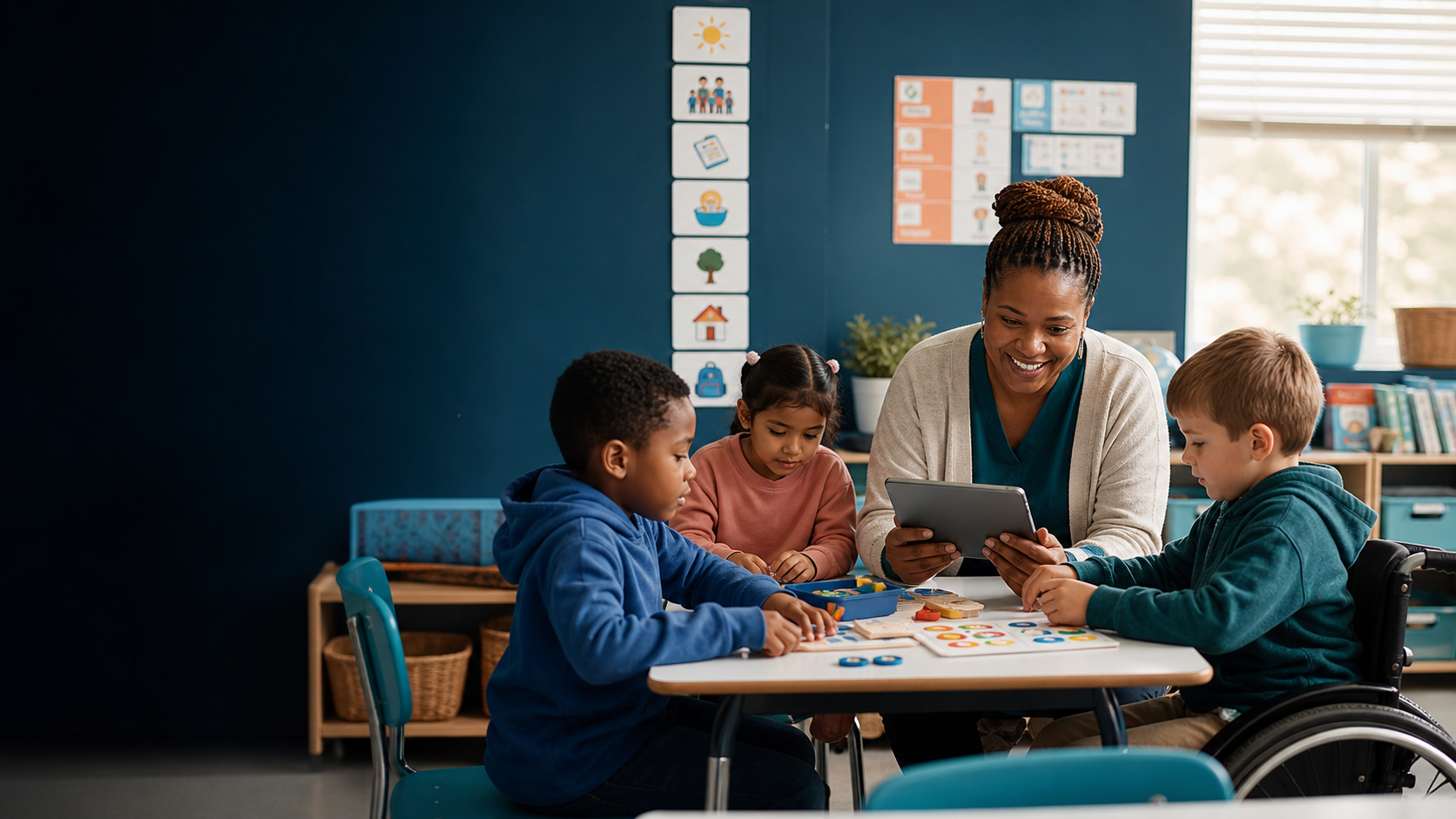 Teacher supporting an inclusive classroom with visual learning resources