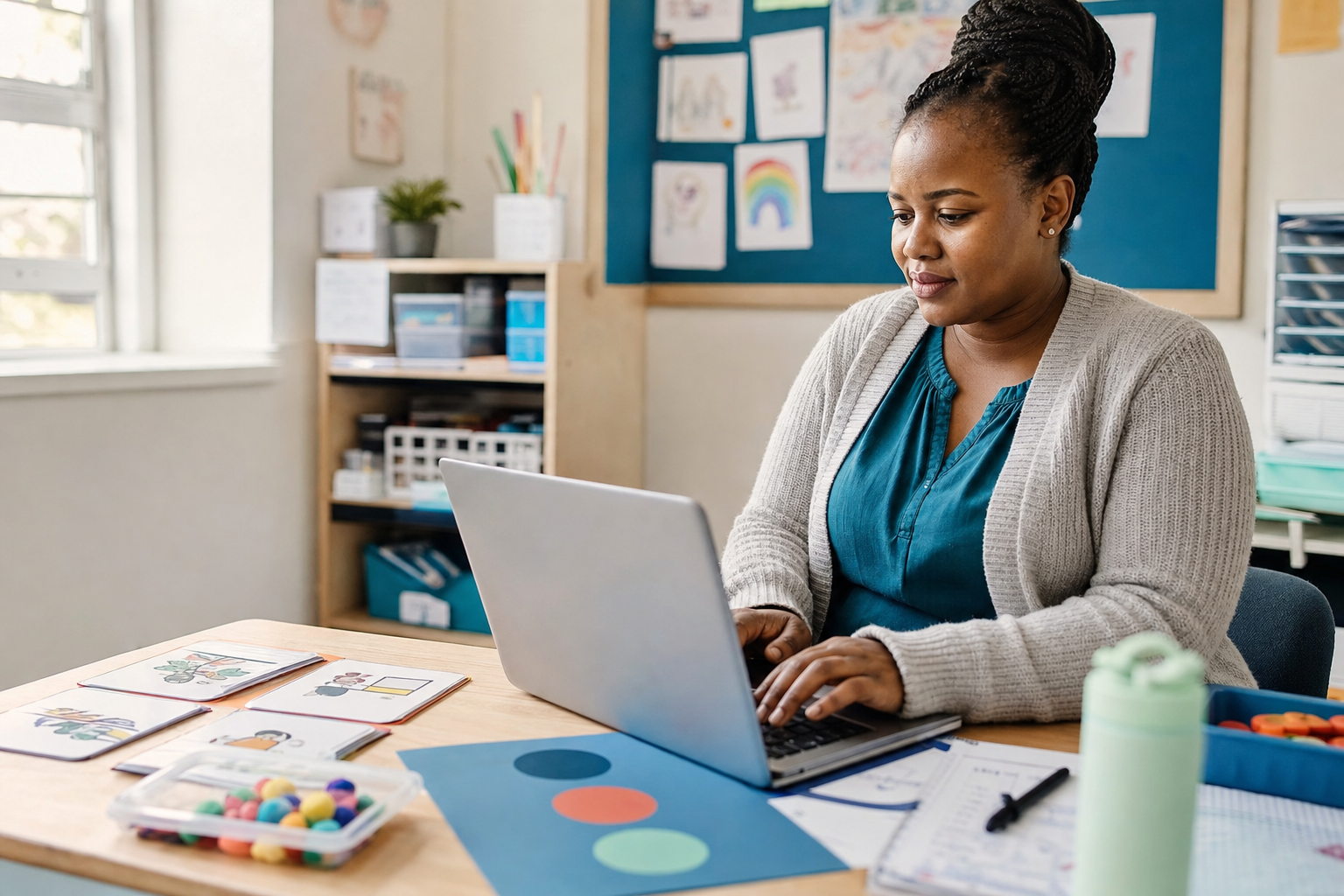 Teacher planning an inclusive lesson with visual support materials